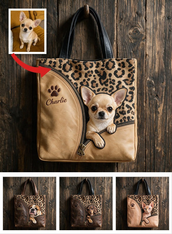 Personalized Peeking Tan Chihuahua Tote Bag, Custom Leopard Print Carryall Gift For Chihuahua Owners & Dog Moms