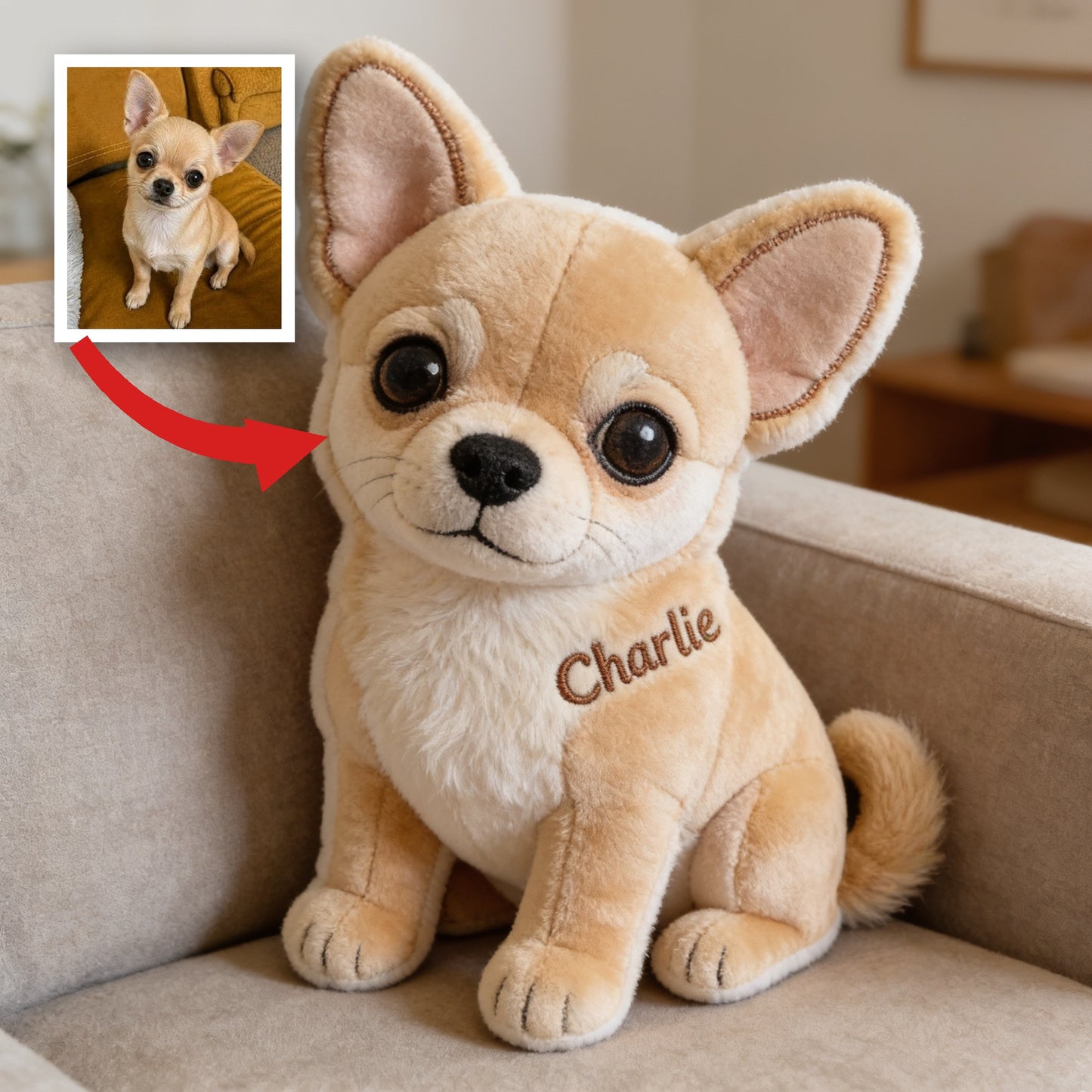 Personalized Fluffy Tan Chihuahua Shaped Faux Fur Pillow Custom Dog Lover Gift Cozy Home Decor