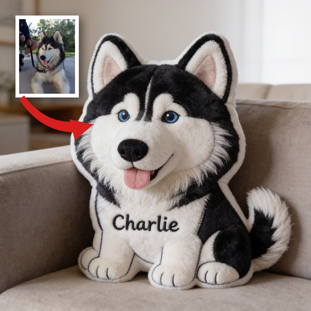 Personalized Blue Eyed Siberian Husky Faux Fur Shaped Pillow, Custom Dog Lover Home Decor Gift
