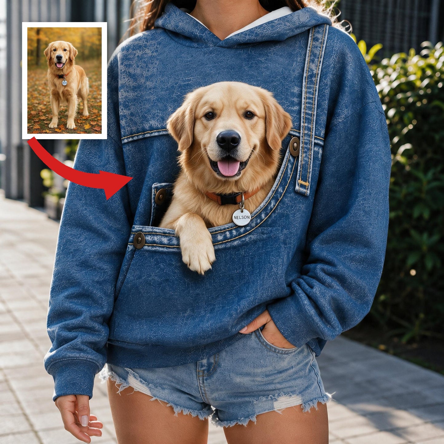 Personalized Smiling Golden Retriever Pocket Print Hoodie, Unique Gift for Dog Owner Pet Lover