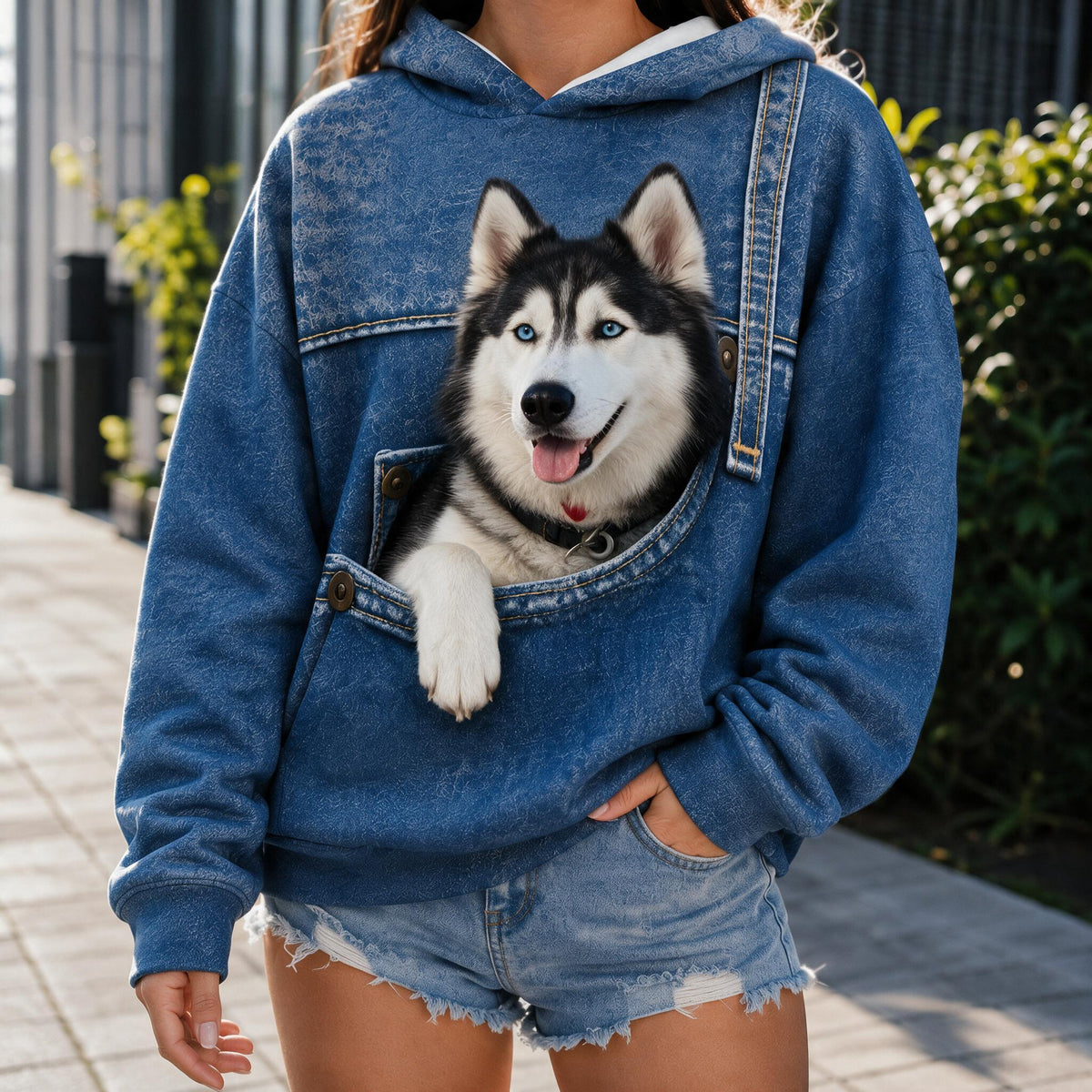 Cute Blue-Eyed Siberian Husky Pocket Design All Over Print Hoodie, Great Gift for Dog Pet Owners