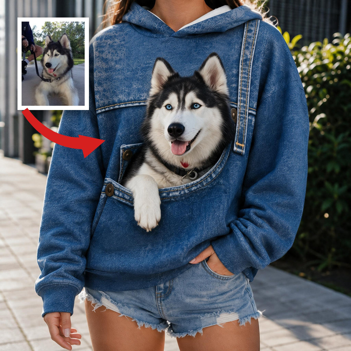 Cute Blue-Eyed Siberian Husky Pocket Design All Over Print Hoodie, Great Gift for Dog Pet Owners