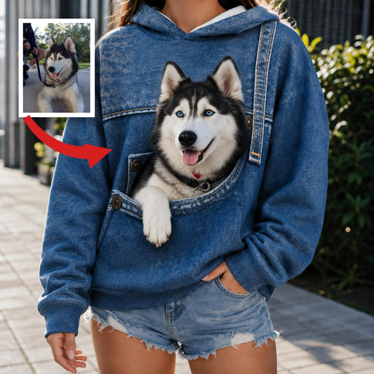 Cute Blue-Eyed Siberian Husky Pocket Design All Over Print Hoodie, Great Gift for Dog Pet Owners