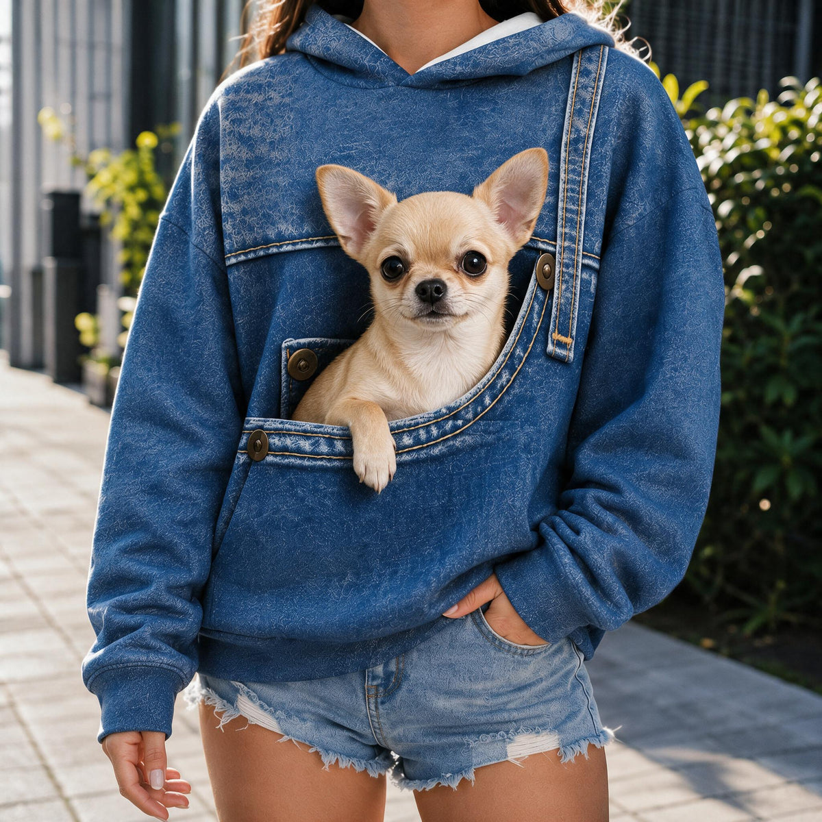 Cute Tiny Fawn Chihuahua Pocket Print All Over Hoodie, Unique Gift for Chihuahua Owner Pet Lovers