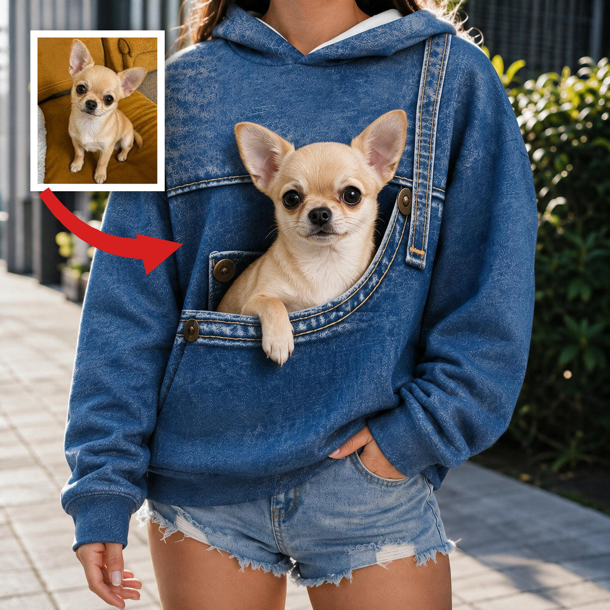 Cute Tiny Fawn Chihuahua Pocket Print All Over Hoodie, Unique Gift for Chihuahua Owner Pet Lovers