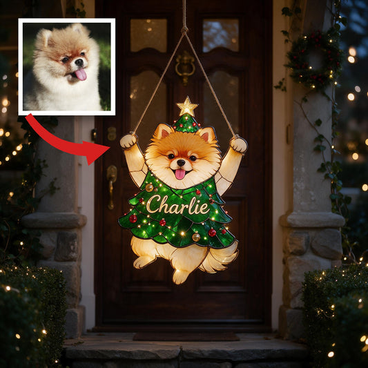 Personalized Fluffy Pomeranian Christmas Tree LED Acrylic Sign, Dog Lover Holiday Home Decor Gift