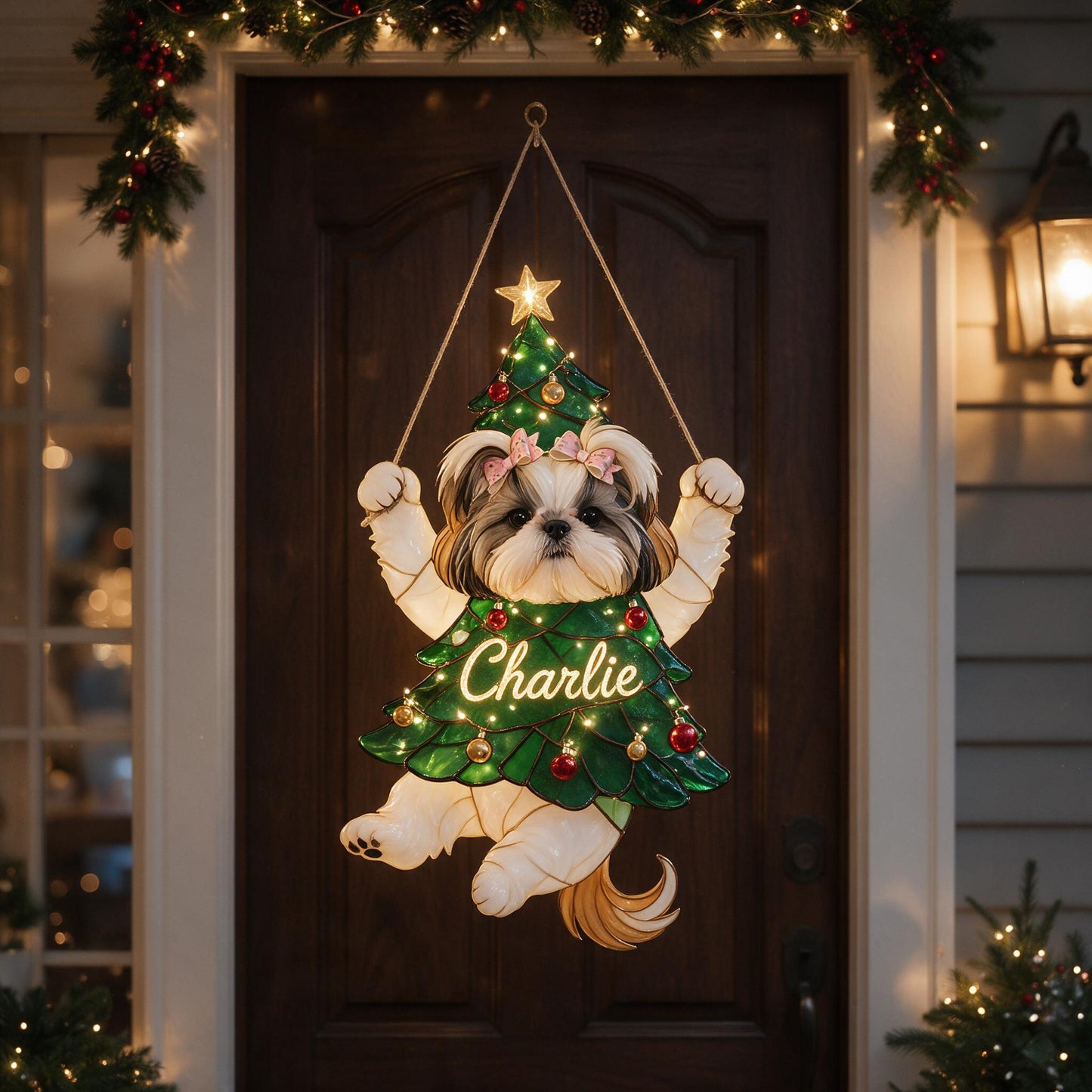 Personalized Fluffy Shih Tzu Christmas Tree LED Acrylic Sign, Festive Dog Lover Holiday Home Decor Gift