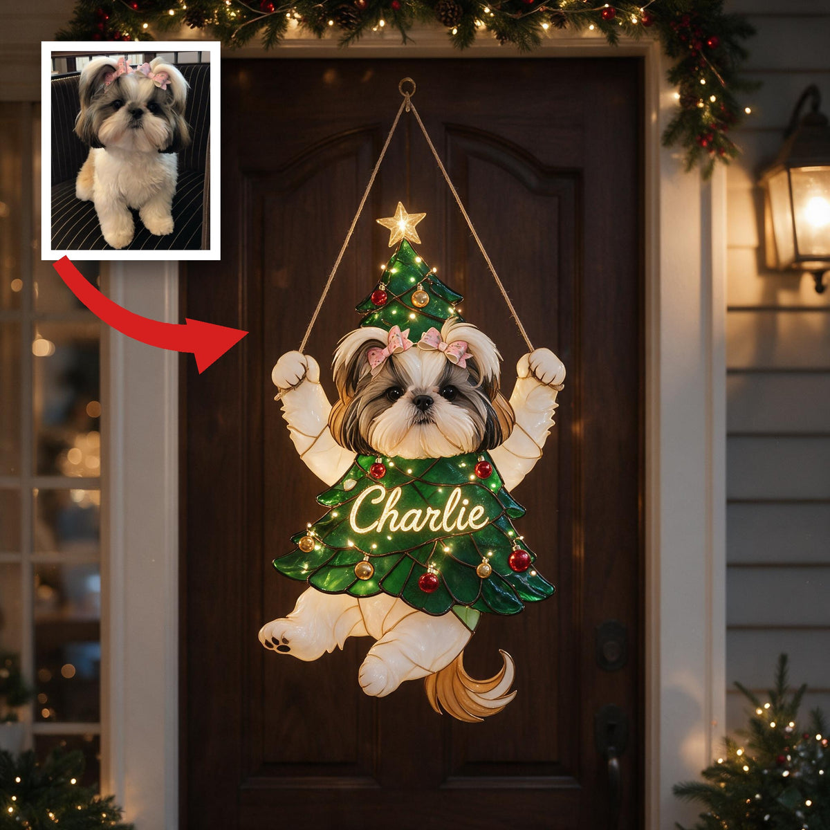 Personalized Fluffy Shih Tzu Christmas Tree LED Acrylic Sign, Festive Dog Lover Holiday Home Decor Gift