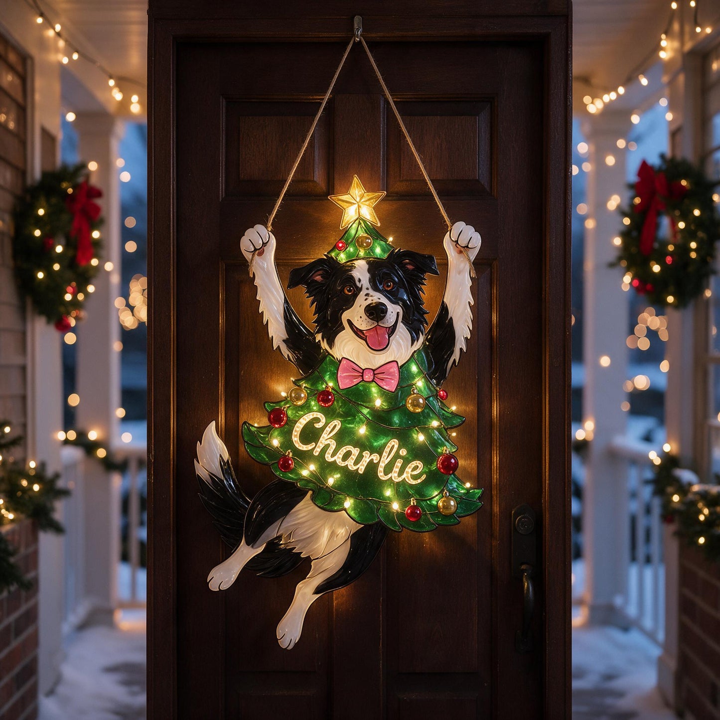 Personalized Black & White Border Collie Christmas LED Acrylic Sign, Cute Holiday Home Decor Gift for Dog Lovers