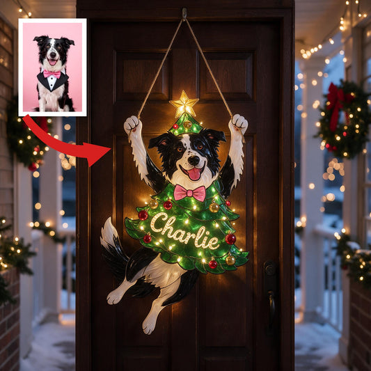 Personalized Black & White Border Collie Christmas LED Acrylic Sign, Cute Holiday Home Decor Gift for Dog Lovers