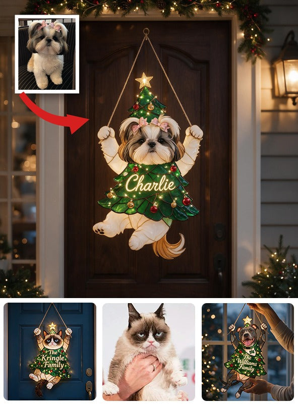 Personalized Fluffy Shih Tzu Christmas Tree LED Acrylic Sign, Festive Dog Lover Holiday Home Decor Gift