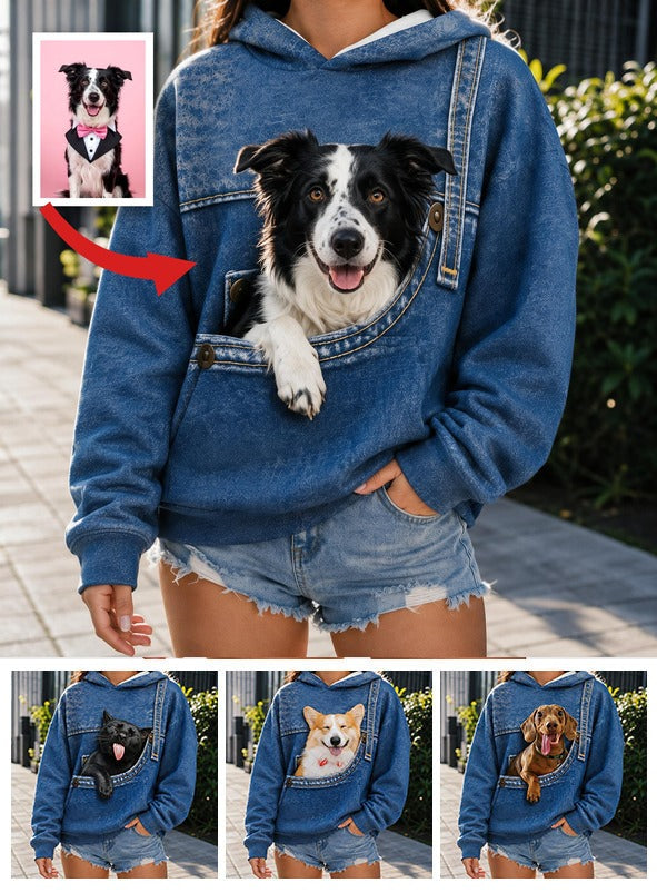 Cute Border Collie Faux Pocket Print Hoodie, Personalized Gift for Border Collie Owner Dog Pet Lover