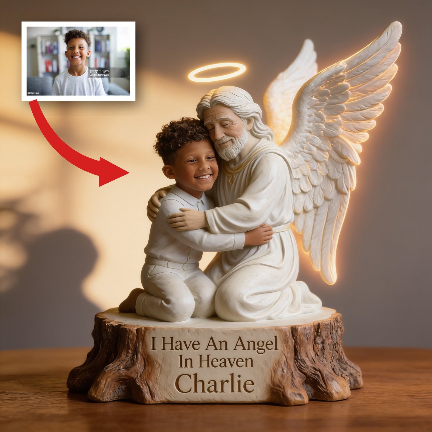 Personalized I Have An Angel In Heaven Memorial Acrylic LED Night Light, Guardian Angel Hugging Child Bereavement Keepsake Gift