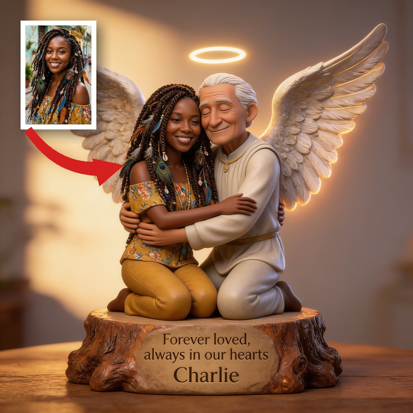 Personalized Hugging Black Angel Memorial Acrylic LED Night Light - Custom Sympathy Remembrance Keepsake Home Decor Gift