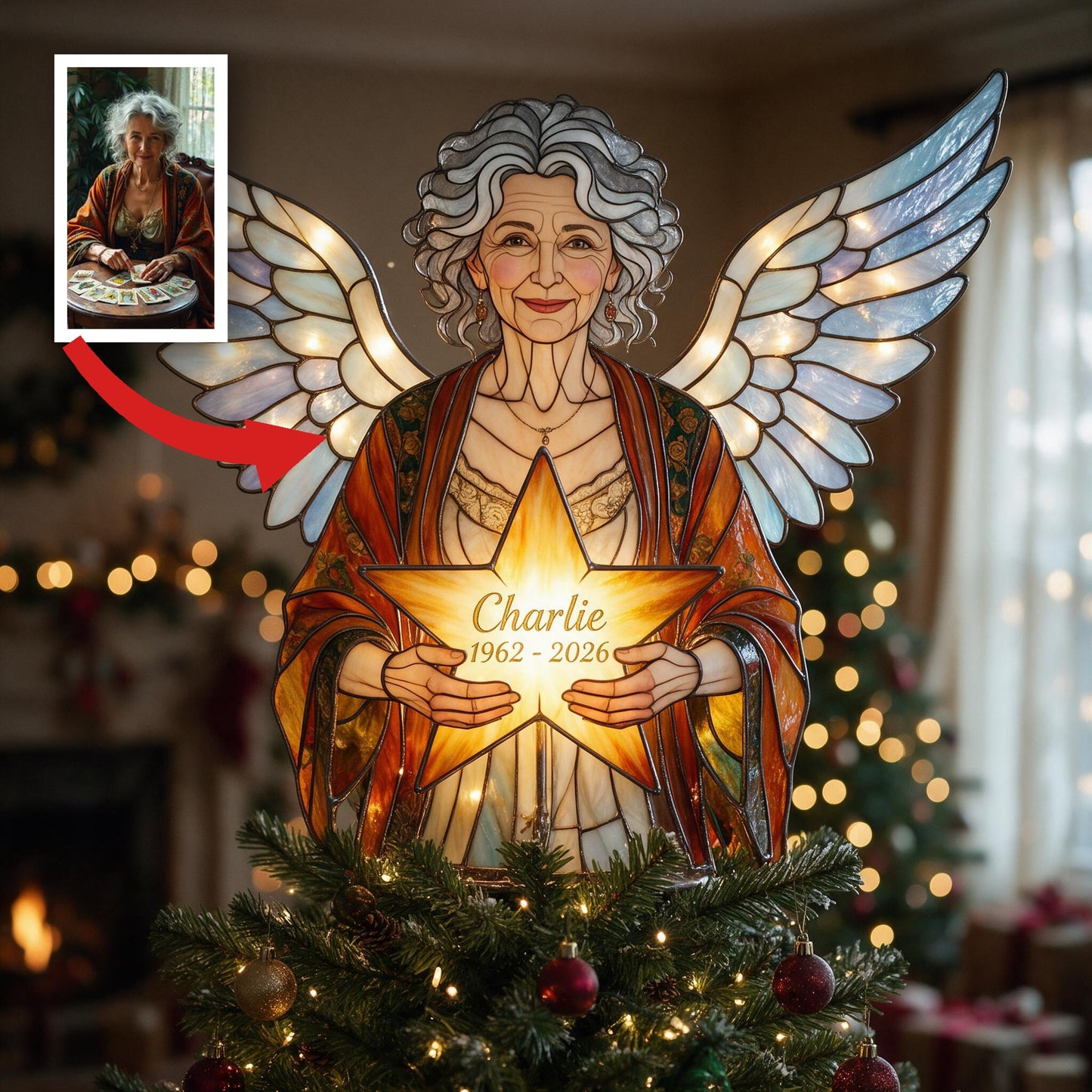Personalized Latina Grandma Memorial Angel LED Christmas Tree Topper - Stained Glass Style Remembrance Holiday Keepsake Gift