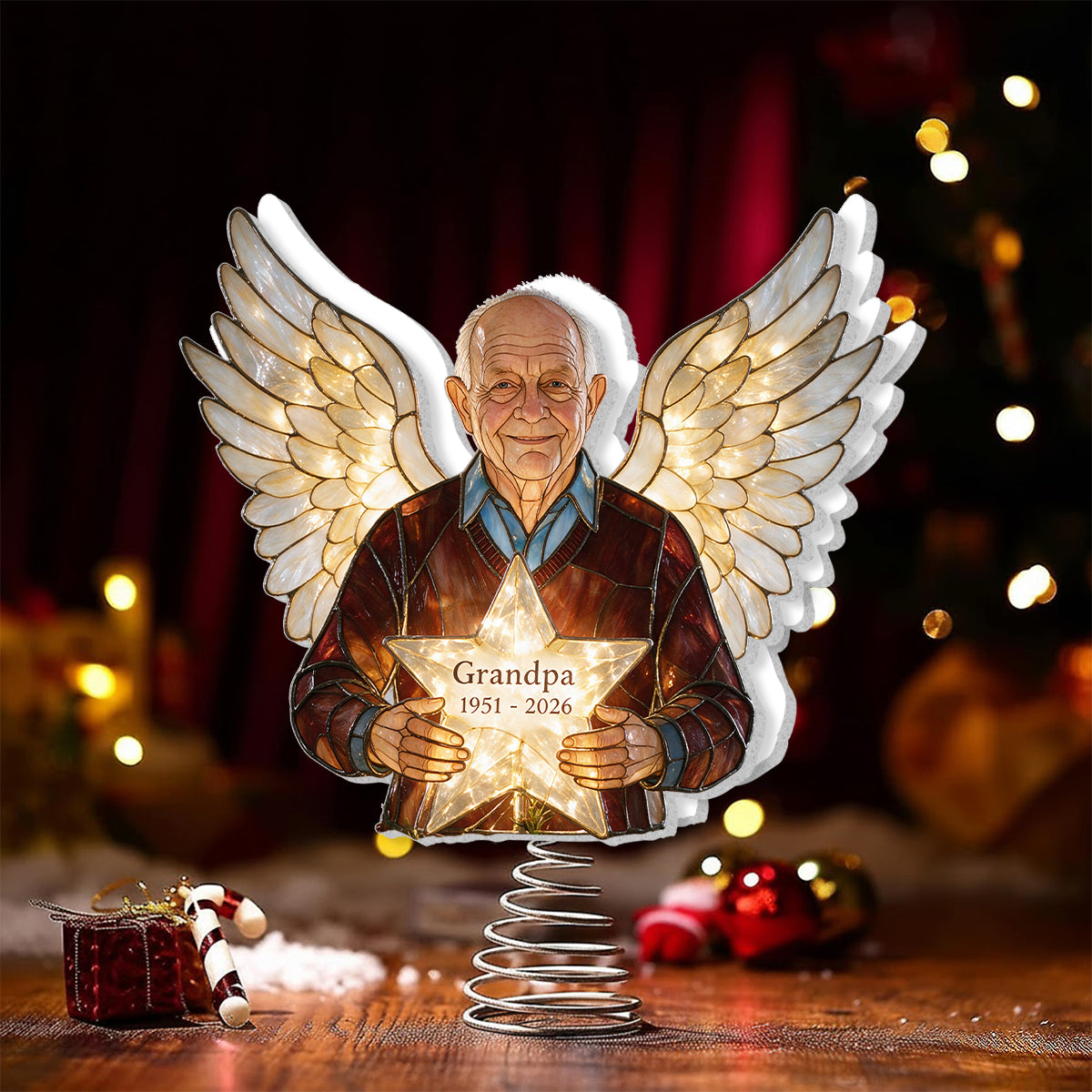 Personalized Grandpa Angel Memorial LED Christmas Tree Topper, Custom Remembrance Holiday Keepsake