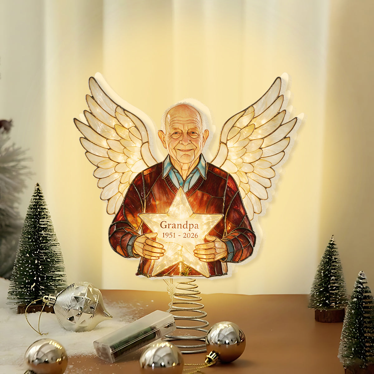 Personalized Memorial Dad Angel LED Christmas Tree Topper - Custom Holiday Bereavement Remembrance Keepsake Gift