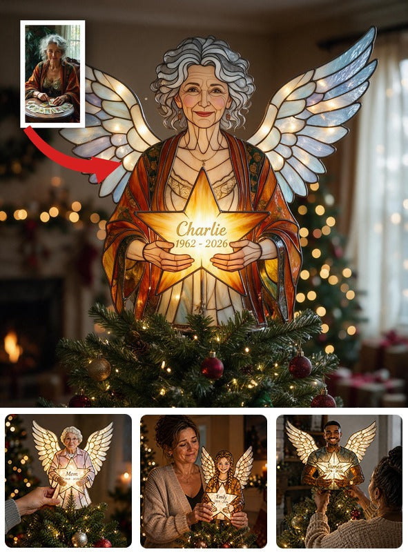 Personalized Latina Grandma Memorial Angel LED Christmas Tree Topper - Stained Glass Style Remembrance Holiday Keepsake Gift