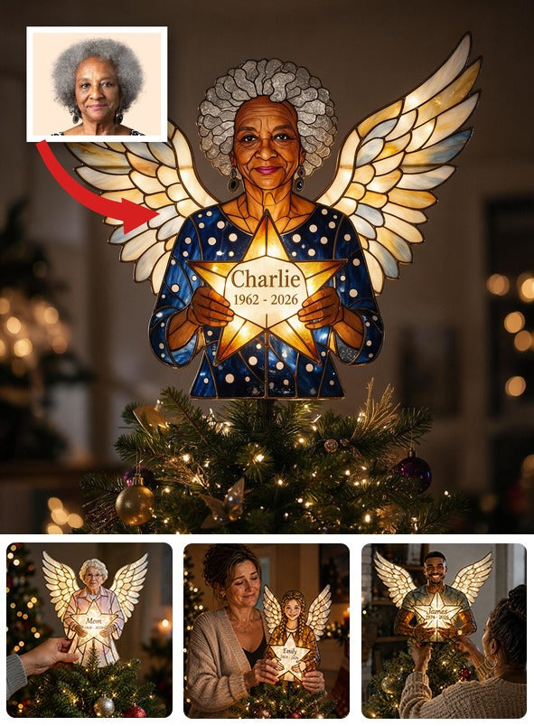 Personalized Black Grandma Memorial Angel LED Christmas Tree Topper Custom Remembrance Holiday Keepsake Gift