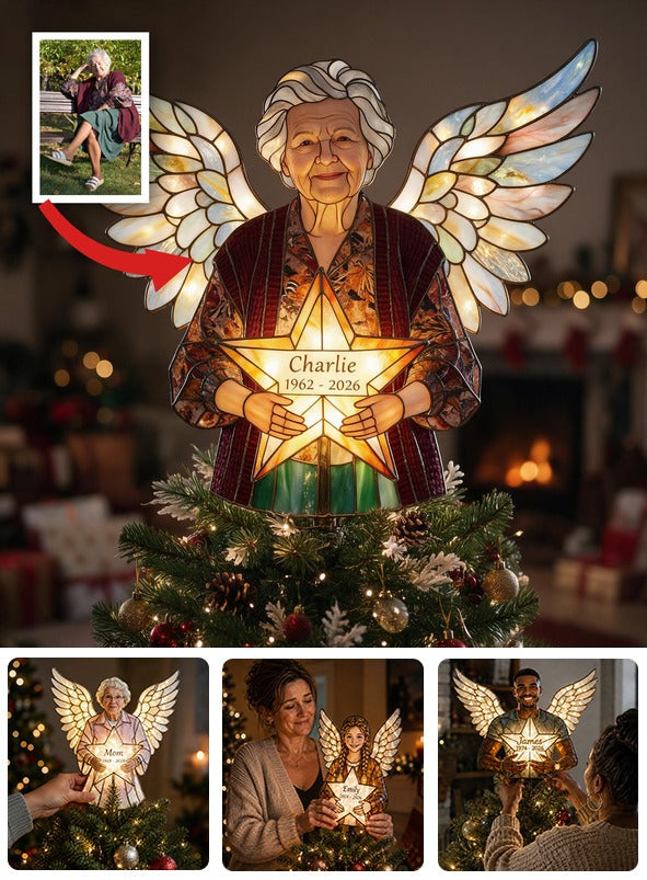 Personalized Grandma Memorial Angel LED Christmas Tree Topper - Stained Glass Remembrance Holiday Decor Gift