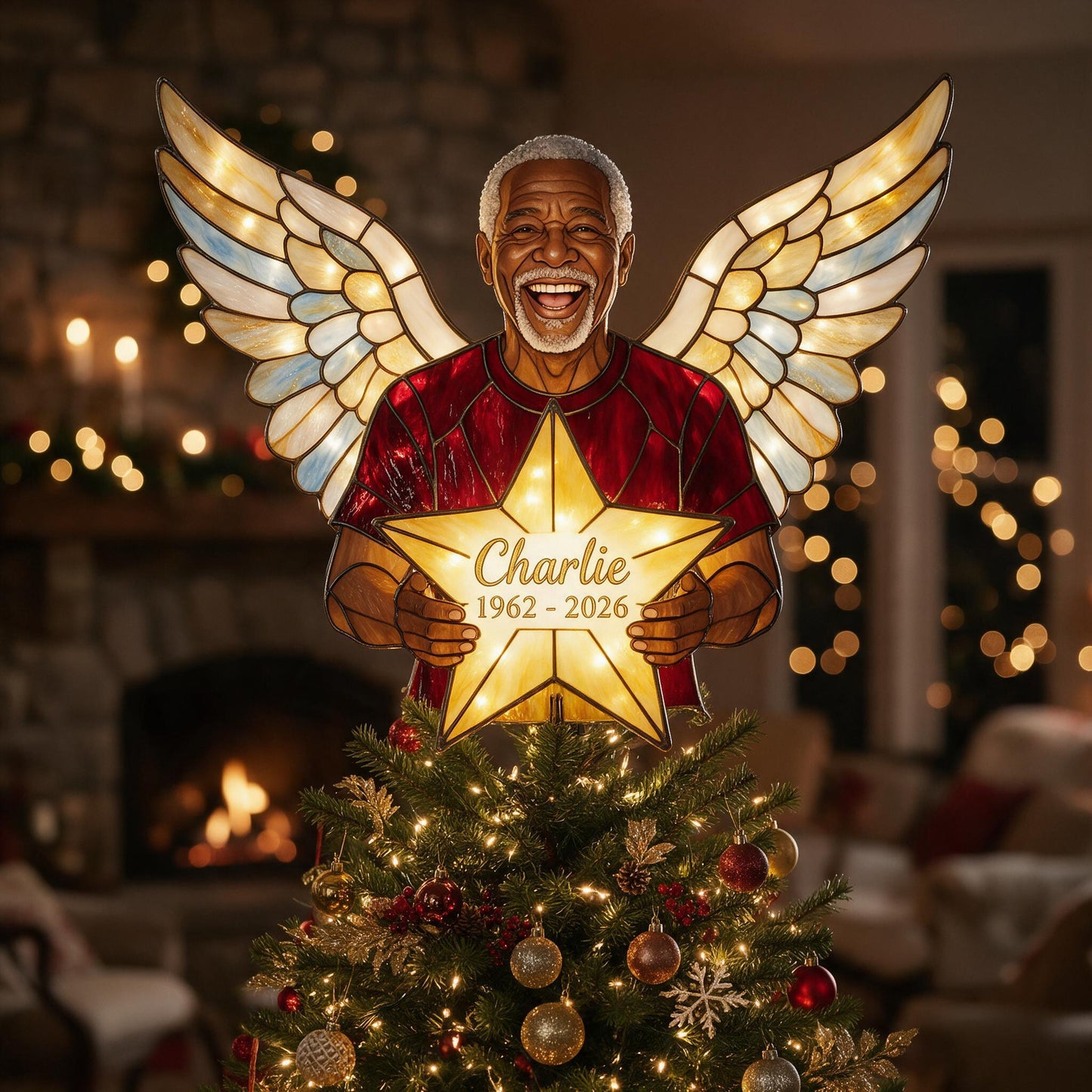 Personalized Latina Grandpa Memorial Angel LED Christmas Tree Topper, Custom Remembrance Holiday Keepsake Gift