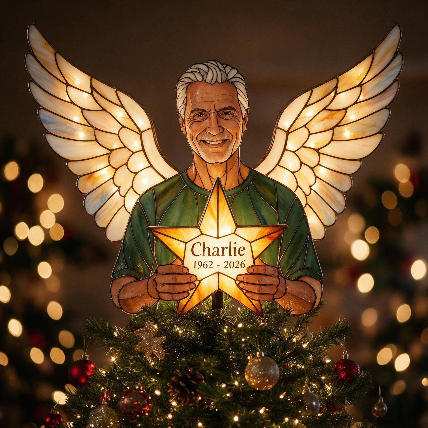 Personalized Memorial Dad Angel LED Christmas Tree Topper - Custom Holiday Bereavement Remembrance Keepsake Gift