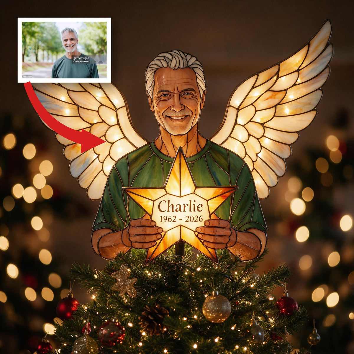 Personalized Memorial Dad Angel LED Christmas Tree Topper - Custom Holiday Bereavement Remembrance Keepsake Gift