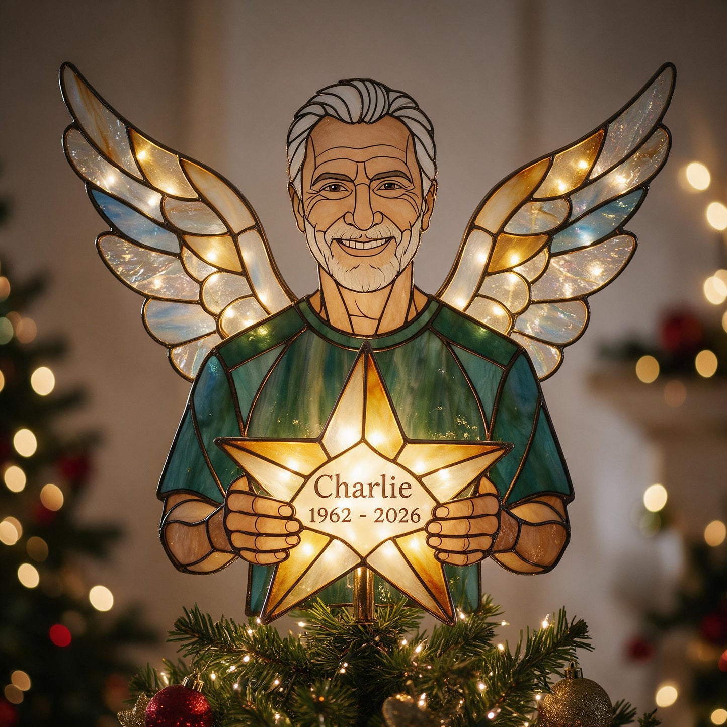 Personalized Grandpa Angel Memorial LED Christmas Tree Topper, Custom Remembrance Holiday Keepsake