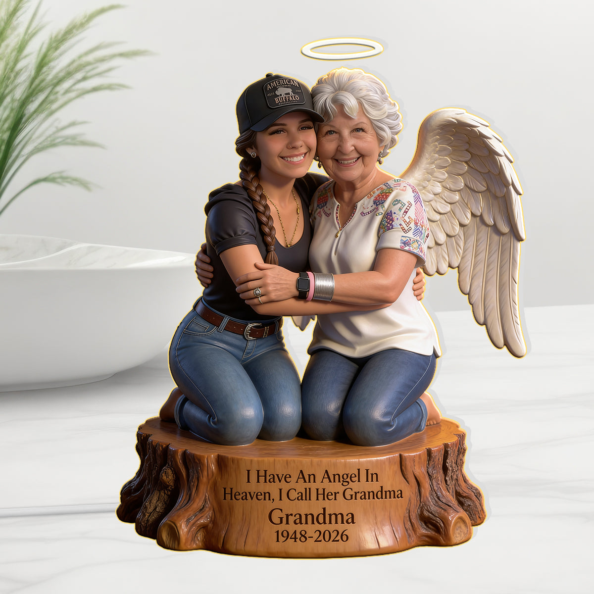 Personalized Memorial Acrylic LED Night Light - Guardian Angel Father Hugging Child Heaven Remembrance Sympathy Gift