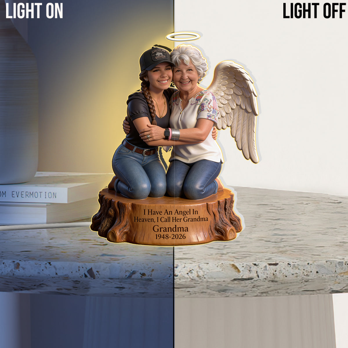 Personalized Hugging Black Angel Memorial Acrylic LED Night Light - Custom Sympathy Remembrance Keepsake Home Decor Gift