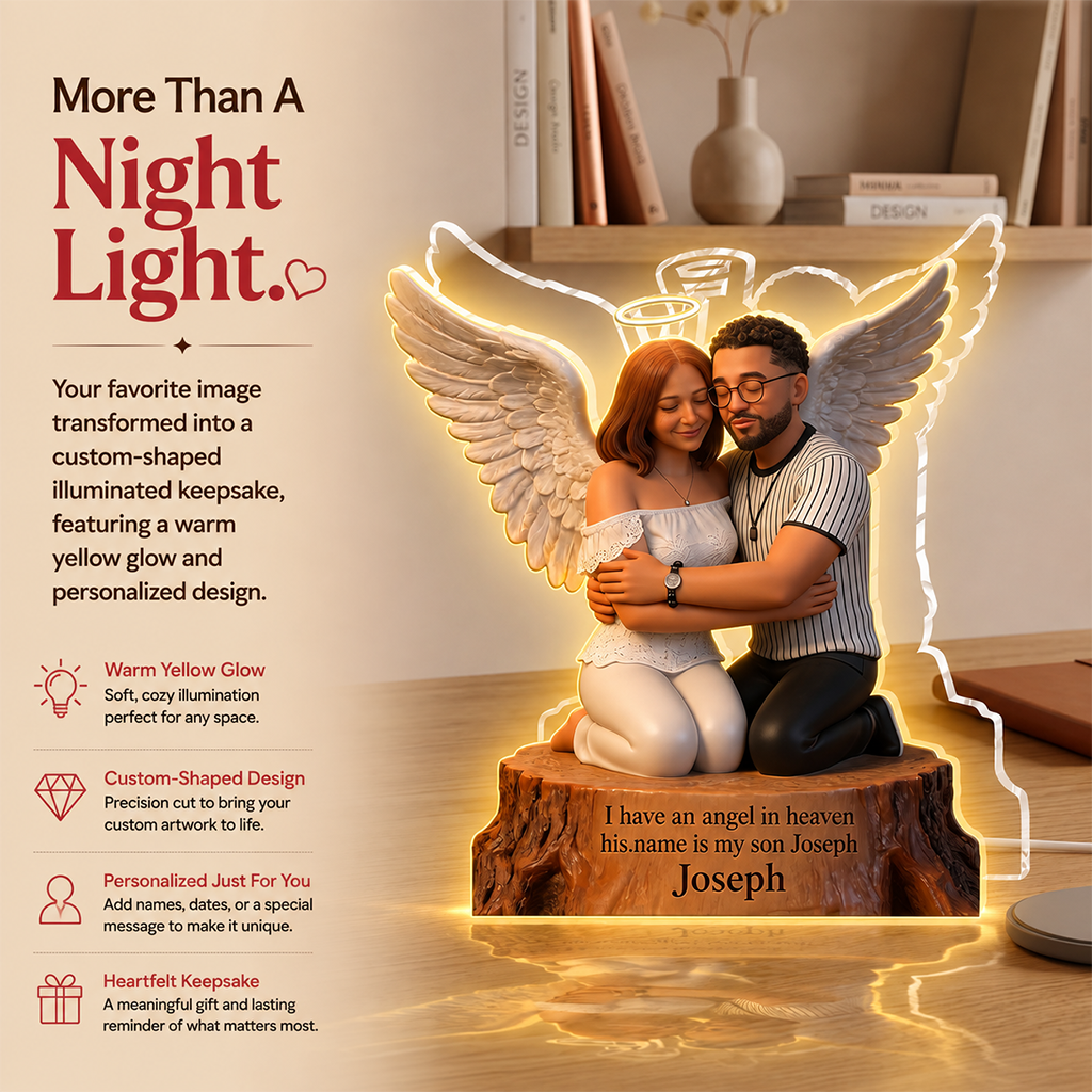 Personalized Memorial Acrylic LED Night Light - Guardian Angel Father Hugging Child Heaven Remembrance Sympathy Gift