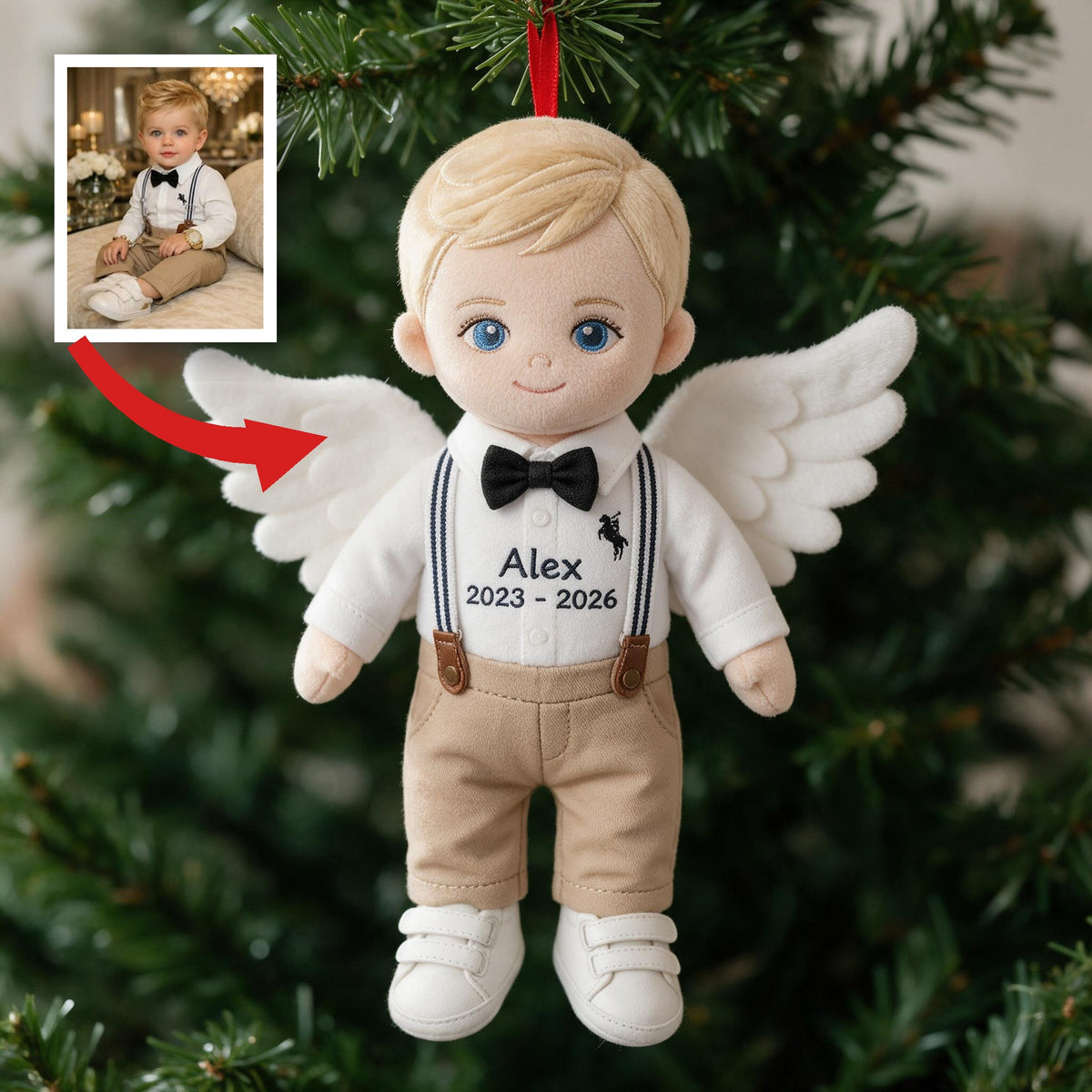 I'm Always With You Personalized Blonde Little Boy Angel Memorial Plush Ornament, Custom Remembrance Christmas Keepsake Gift