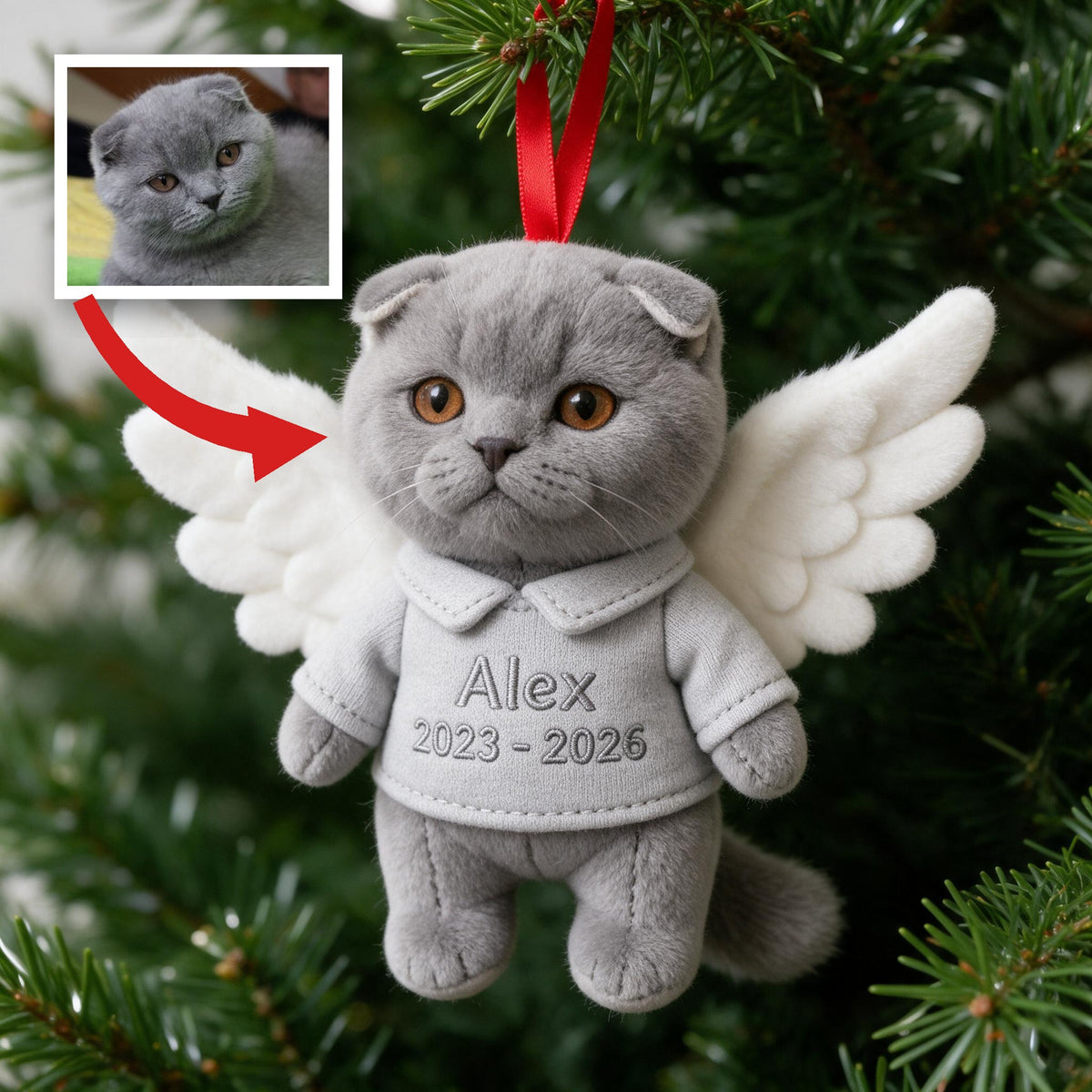 Personalized Grey British Shorthair Cat Angel Memorial Plush Ornament - Pet Loss Keepsake Christmas Tree Decor Gift