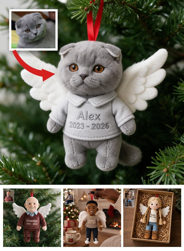 Personalized Grey British Shorthair Cat Angel Memorial Plush Ornament - Pet Loss Keepsake Christmas Tree Decor Gift