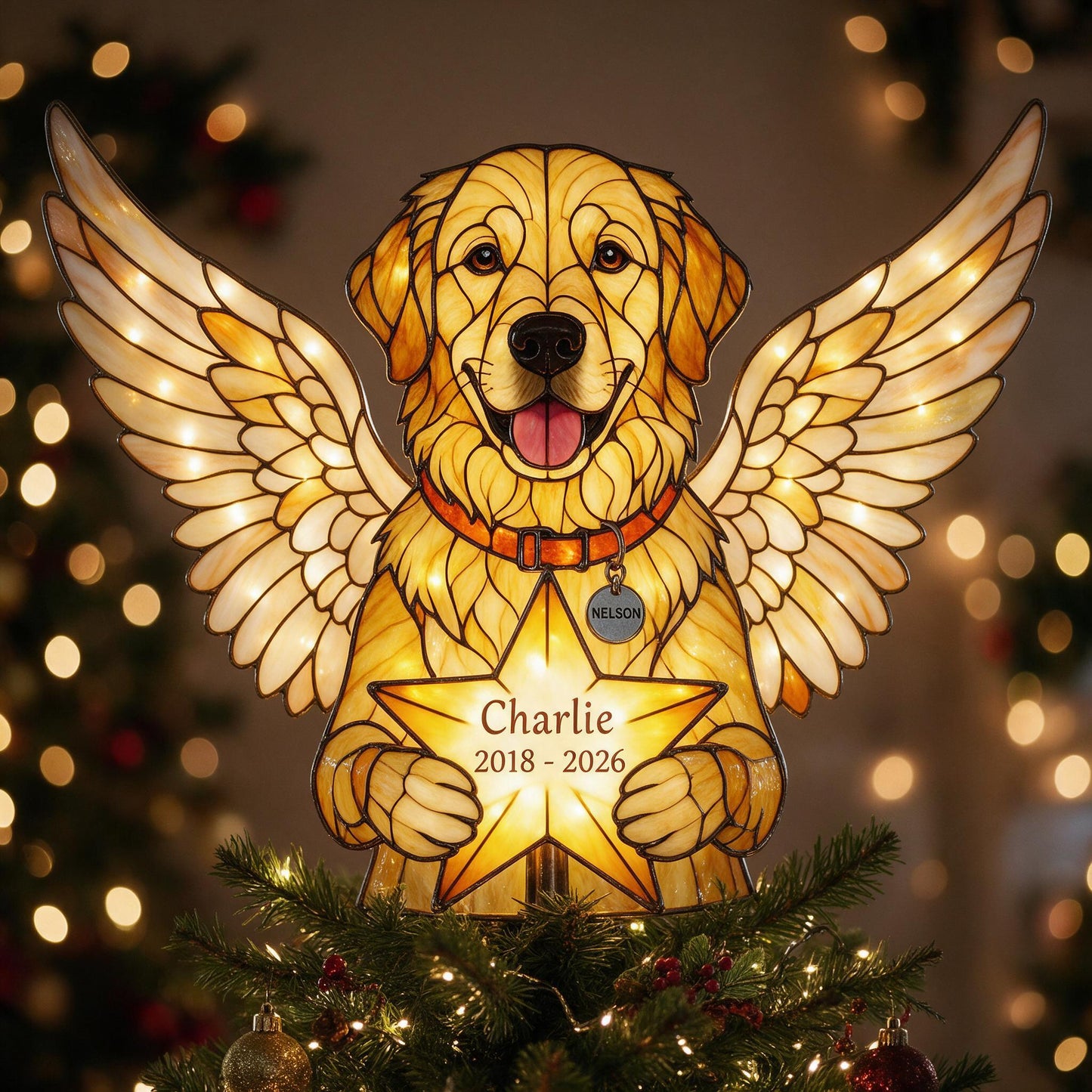 Personalized Angel Golden Retriever Memorial LED Christmas Tree Topper Custom Pet Remembrance Holiday Decor Gift
