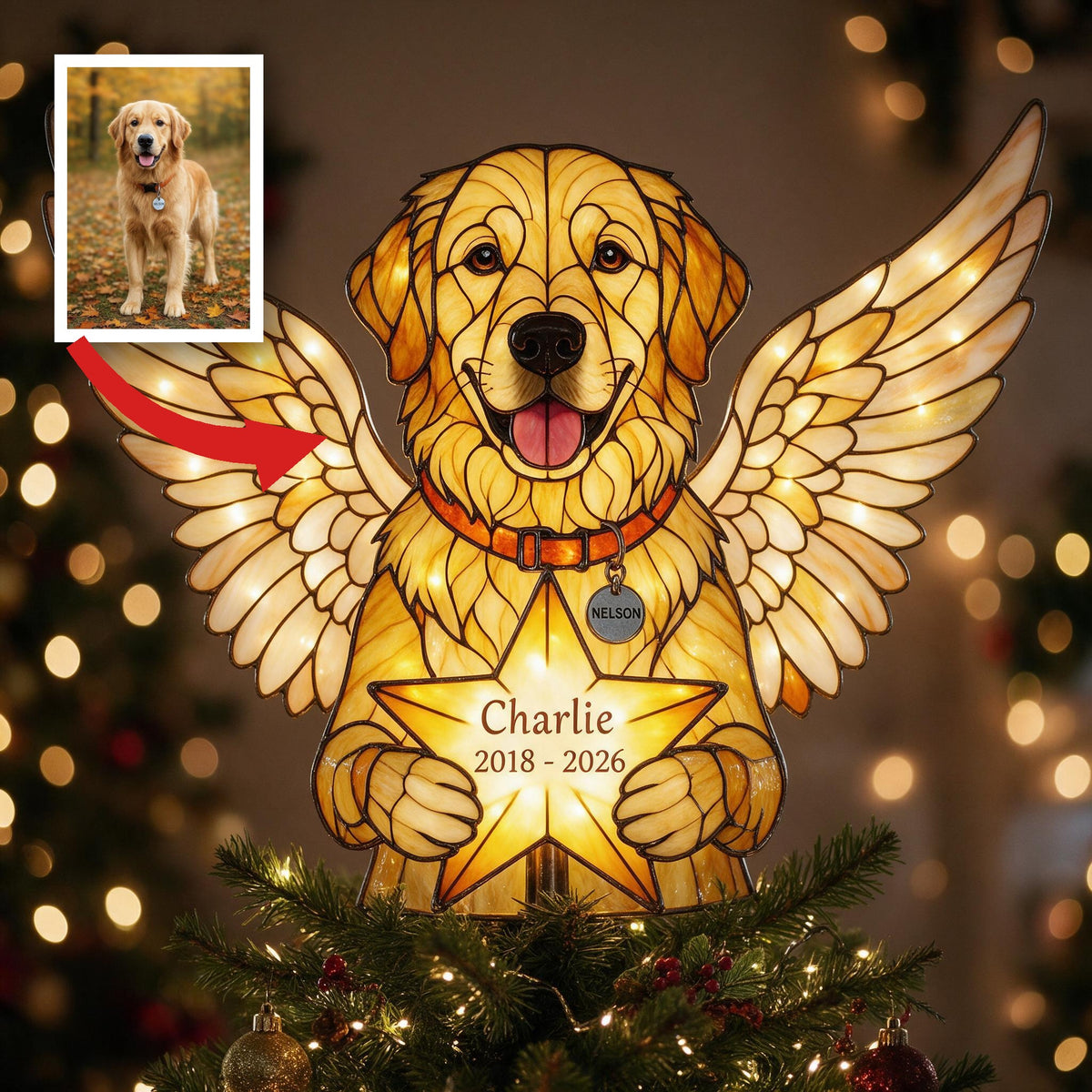 Personalized Angel Golden Retriever Memorial LED Christmas Tree Topper Custom Pet Remembrance Holiday Decor Gift