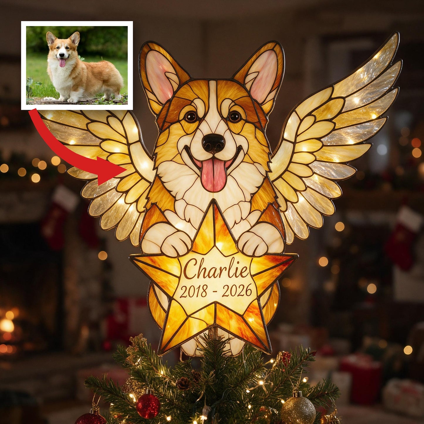 Personalized Welsh Corgi Angel Memorial LED Christmas Tree Topper, Stained Glass Pet Remembrance Holiday Decor
