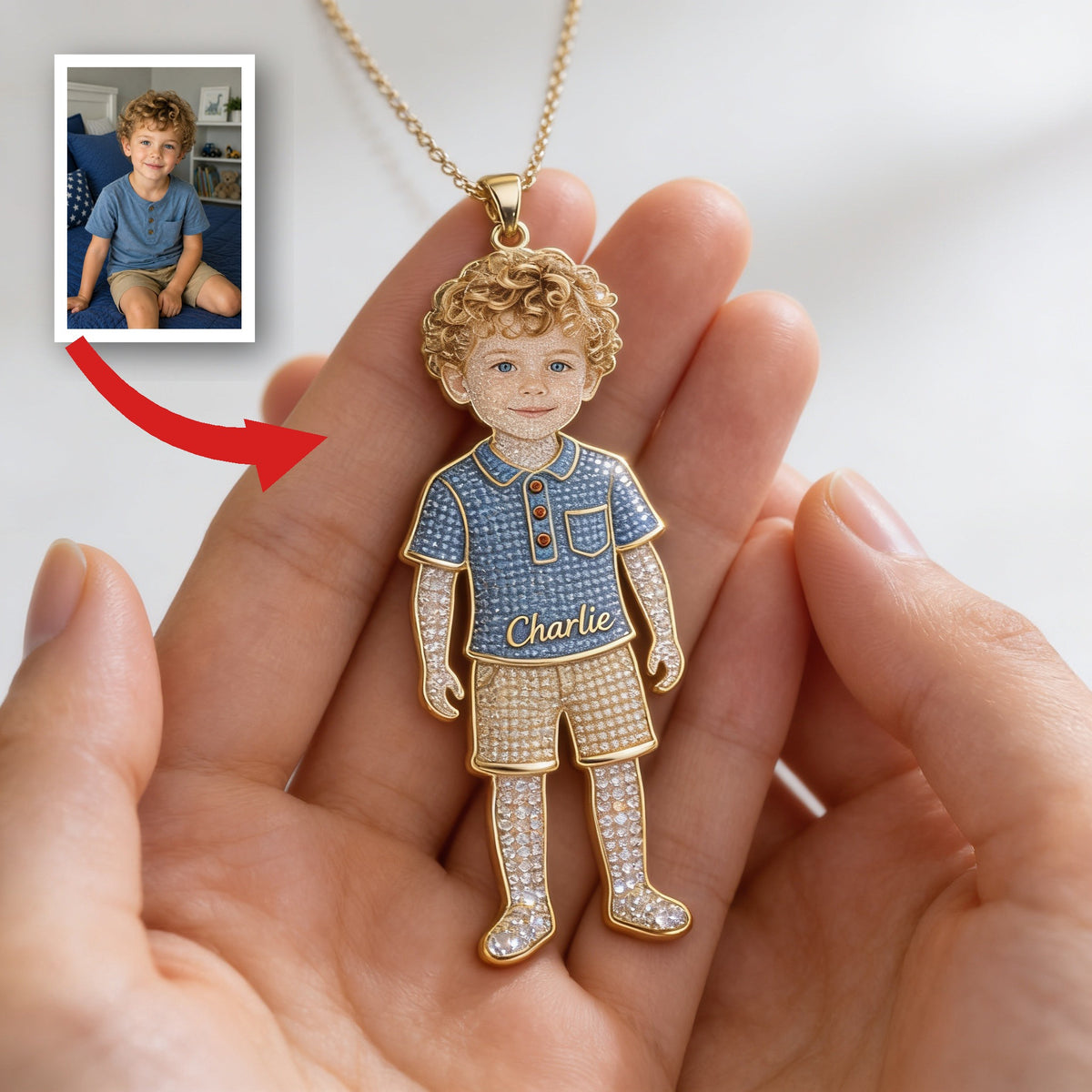 Personalized Custom Kid Portrait Shaped Metal Pendant Necklace, Sentimental Keepsake Jewelry Gift for Boy