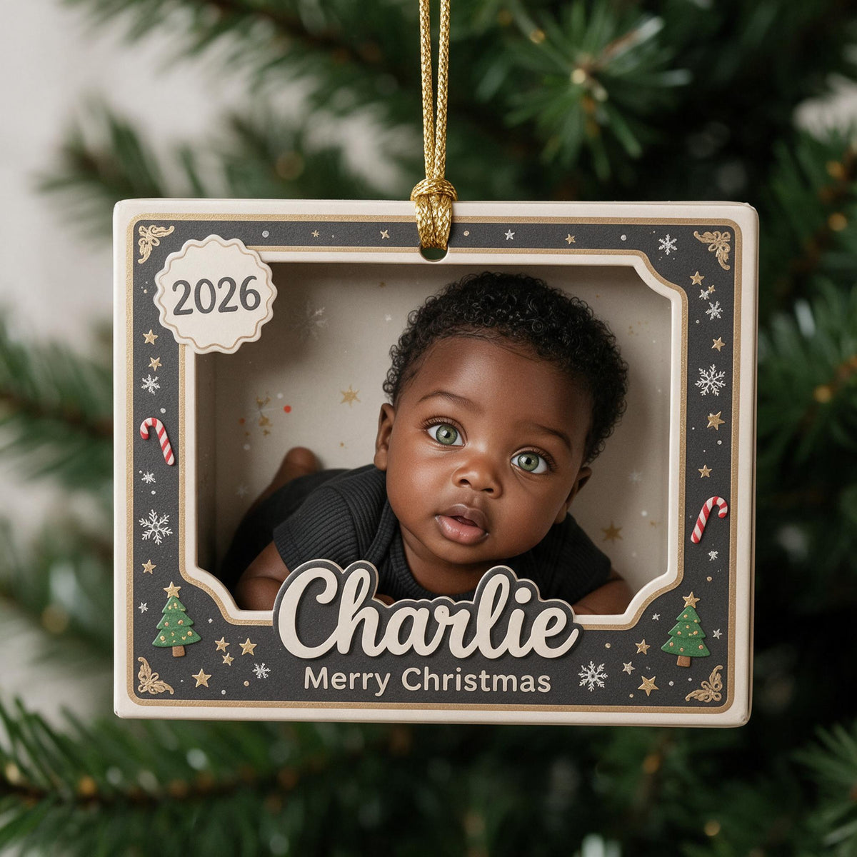 Personalized Newborn Black Baby Photo 2026 Christmas Ornament - Custom Kid Name Holiday Keepsake Tree Decoration Gift