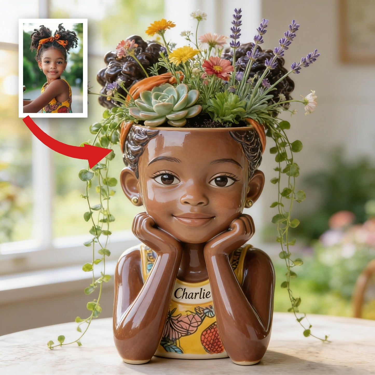 Personalized Custom Child Portrait Acrylic Planter Pot, Custom Name 5 Year Old Black Kid Face Vase for Home Decor and Thoughtful Gifting