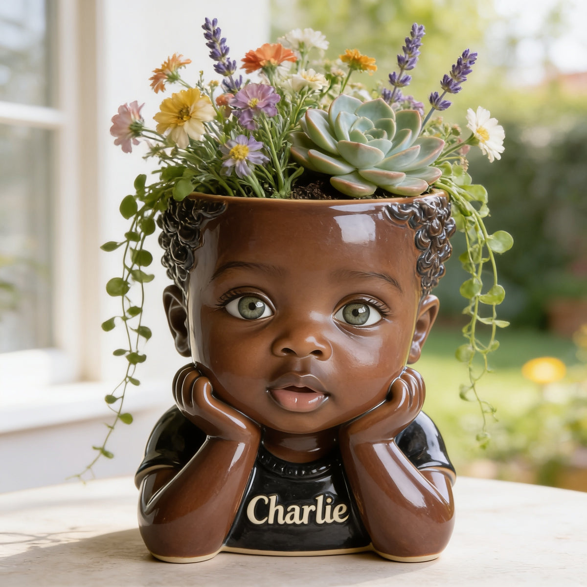 Personalized Custom Child Face Acrylic Planter Pot, Custom Name Newborn Black Kid Plant Holder for Home Decor and Thoughtful Gift