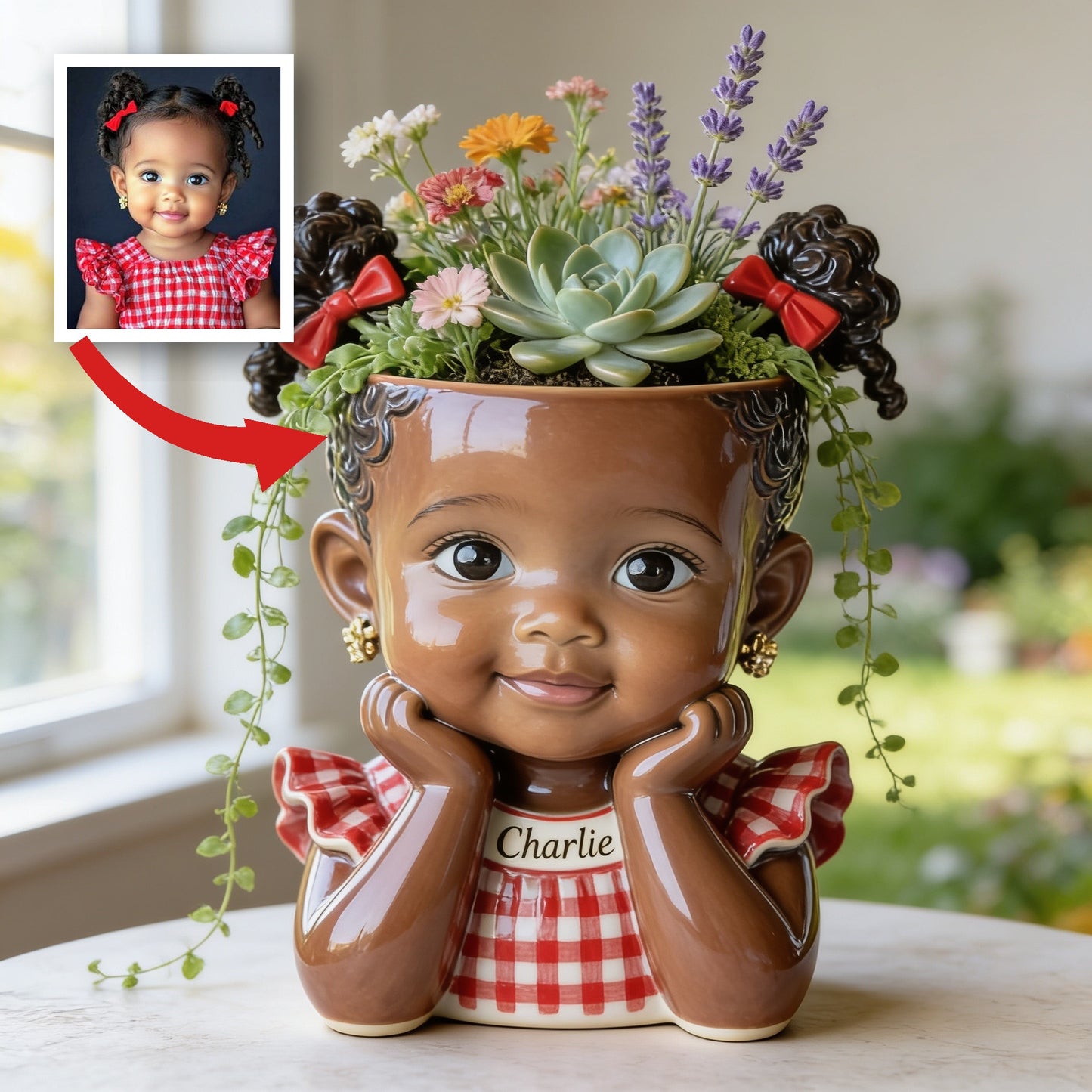 Custom Personalized Curly Haired Child Shaped Acrylic Planter Pot, Custom Name 2 Year Old Black Kid Flower Vase for Home Decor & Meaningful Gifting