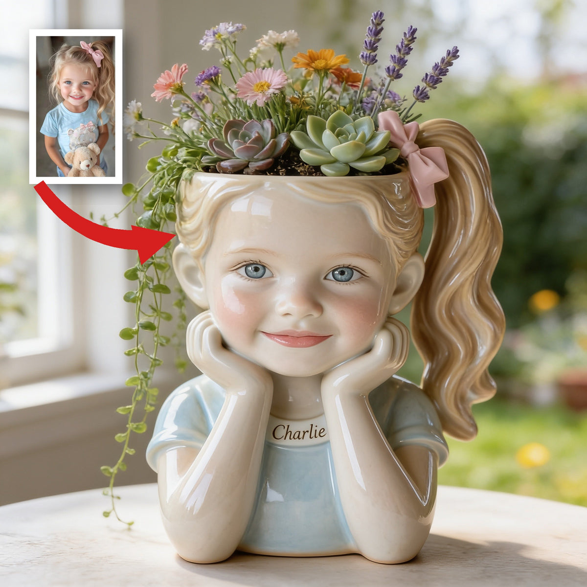 Custom Personalized Little Girl Shaped Acrylic Planter Pot, Cute 3 Year Old Kid Themed Home Decor Gift for Plant Lovers