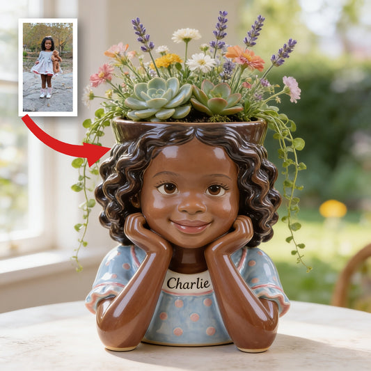 Pot de Fleurs Acrylique Personnalisé en Forme d'Enfant aux Cheveux Bouclés, Vase pour Fleurs avec Nom Personnalisé pour Décoration et Cadeaux Significatifs