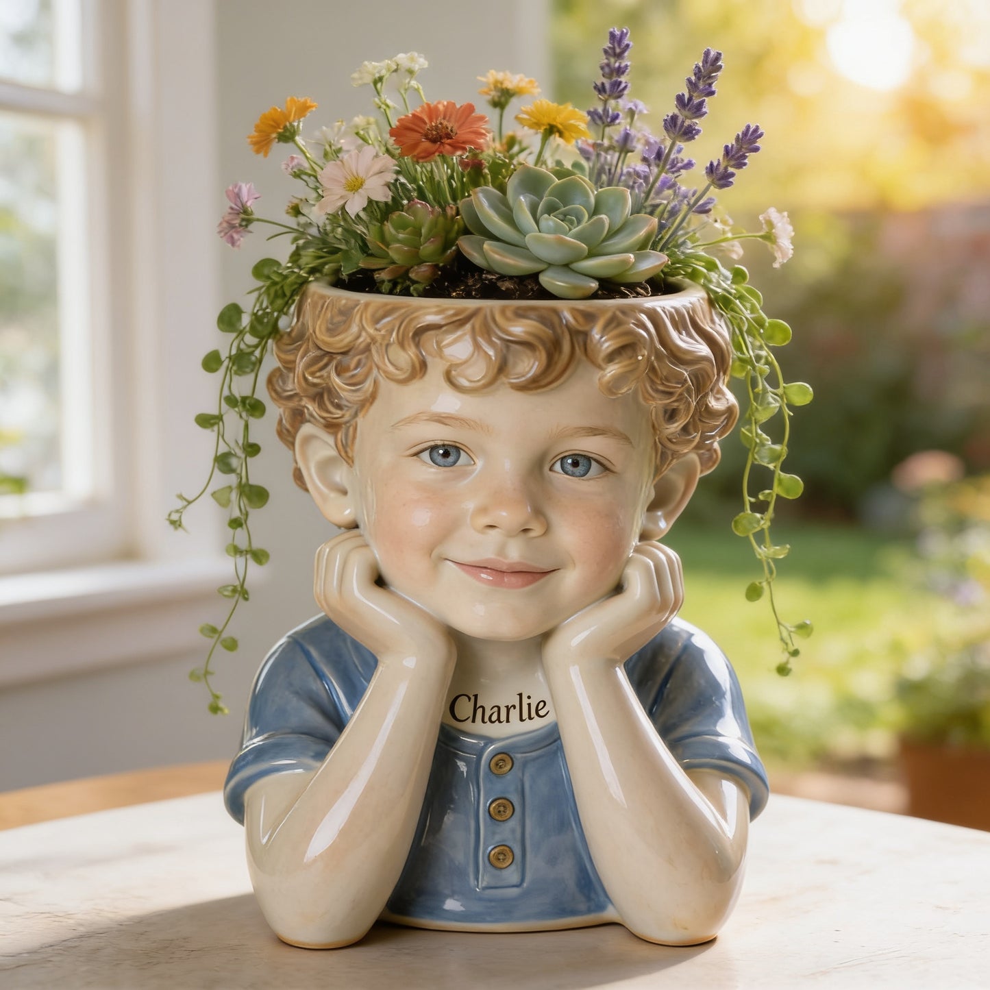 Personalized Curly Haired Little Boy 5 year old Acrylic Planter Pot Custom Child Portrait Home Decor Keepsake Gift