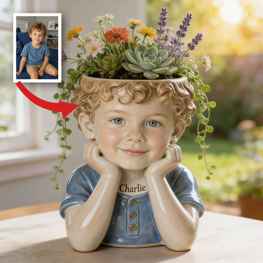 Pot de Fleurs Acrylique Personnalisé Petit Garçon Bouclé de 5 ans