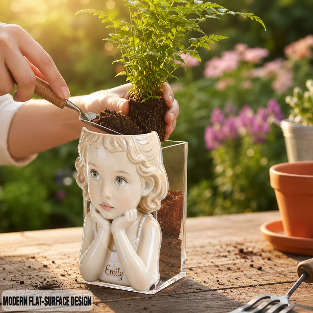 Custom Personalized Curly Haired Child Shaped Acrylic Planter Pot, Custom Name 4 Year Old Black Kid Flower Vase for Home Decor & Meaningful Gifting