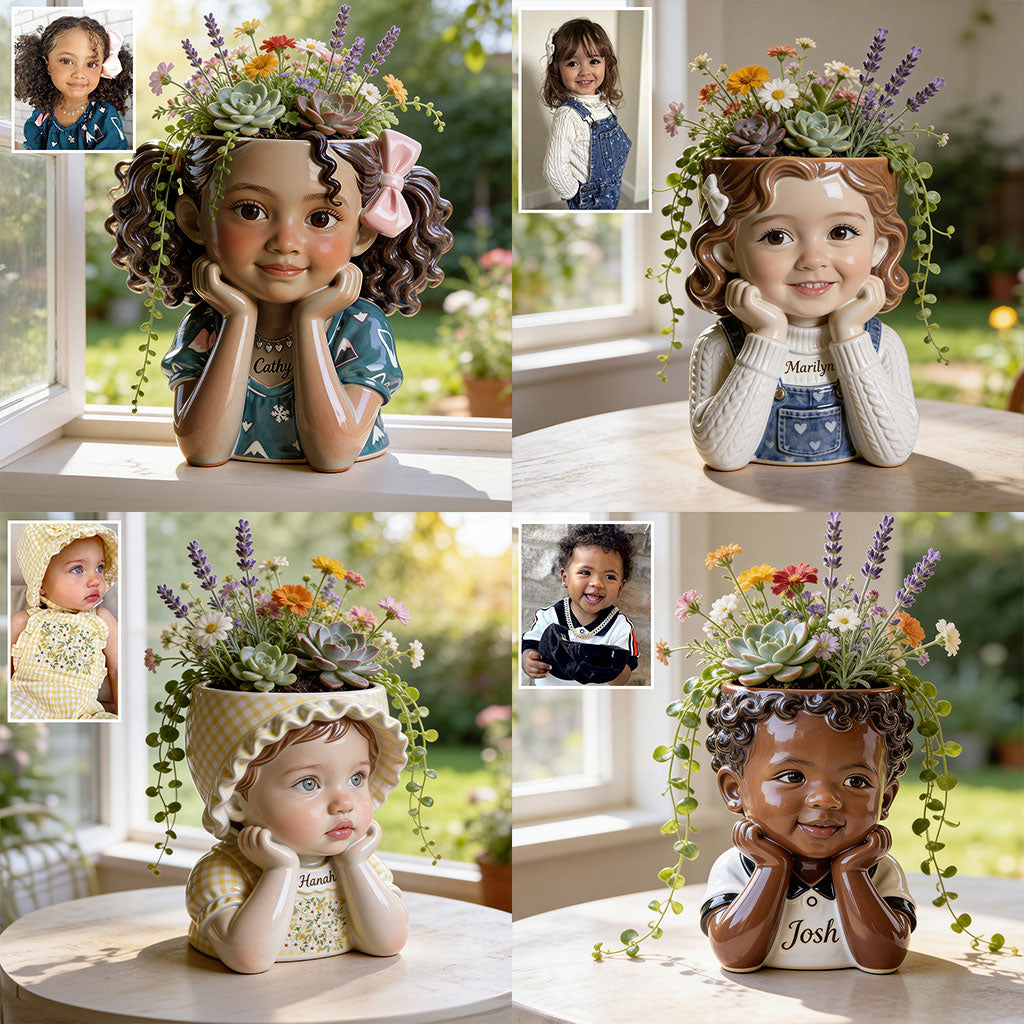 Personalized Custom Child Head Acrylic Planter Pot | Custom Name Cute Black Boy Kid Flower Pot for Home Decor & Gift Giving