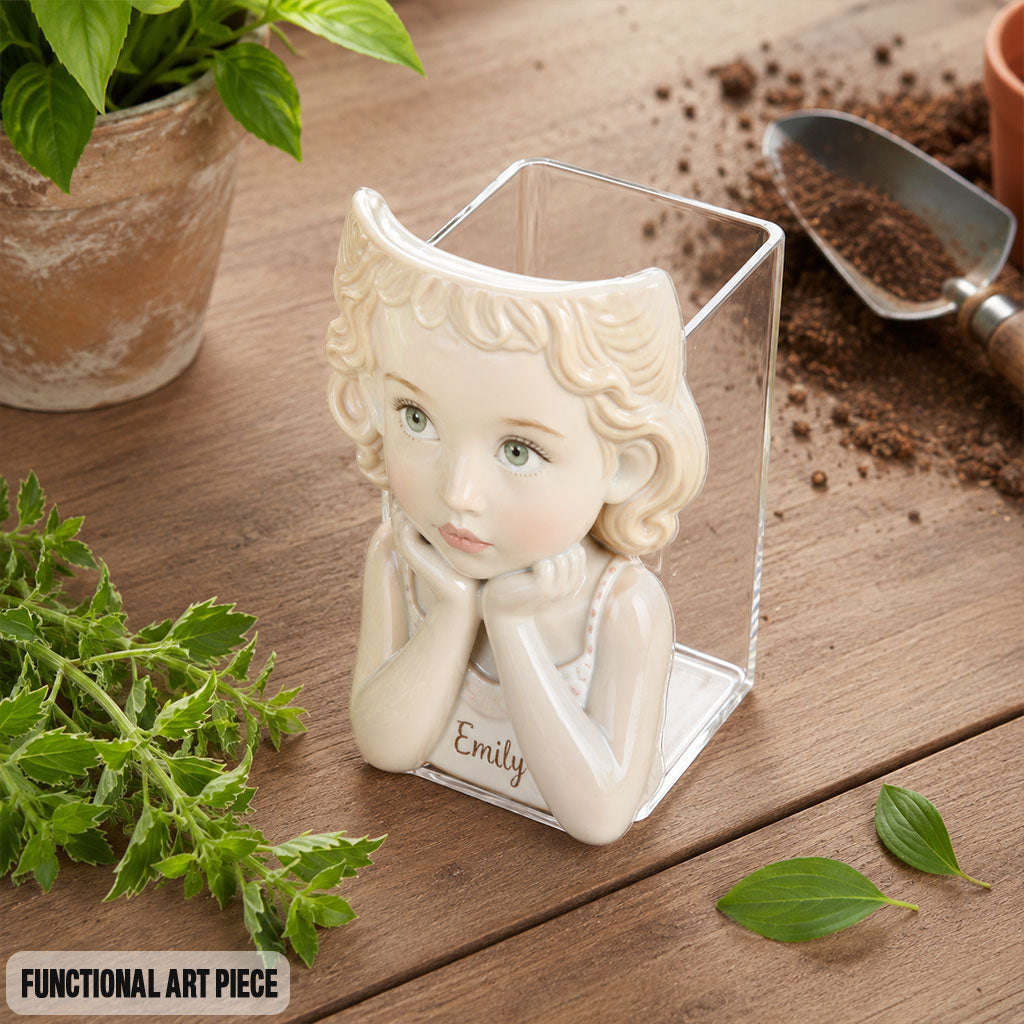 Personalized Curly Haired Little Boy 5 year old Acrylic Planter Pot Custom Child Portrait Home Decor Keepsake Gift