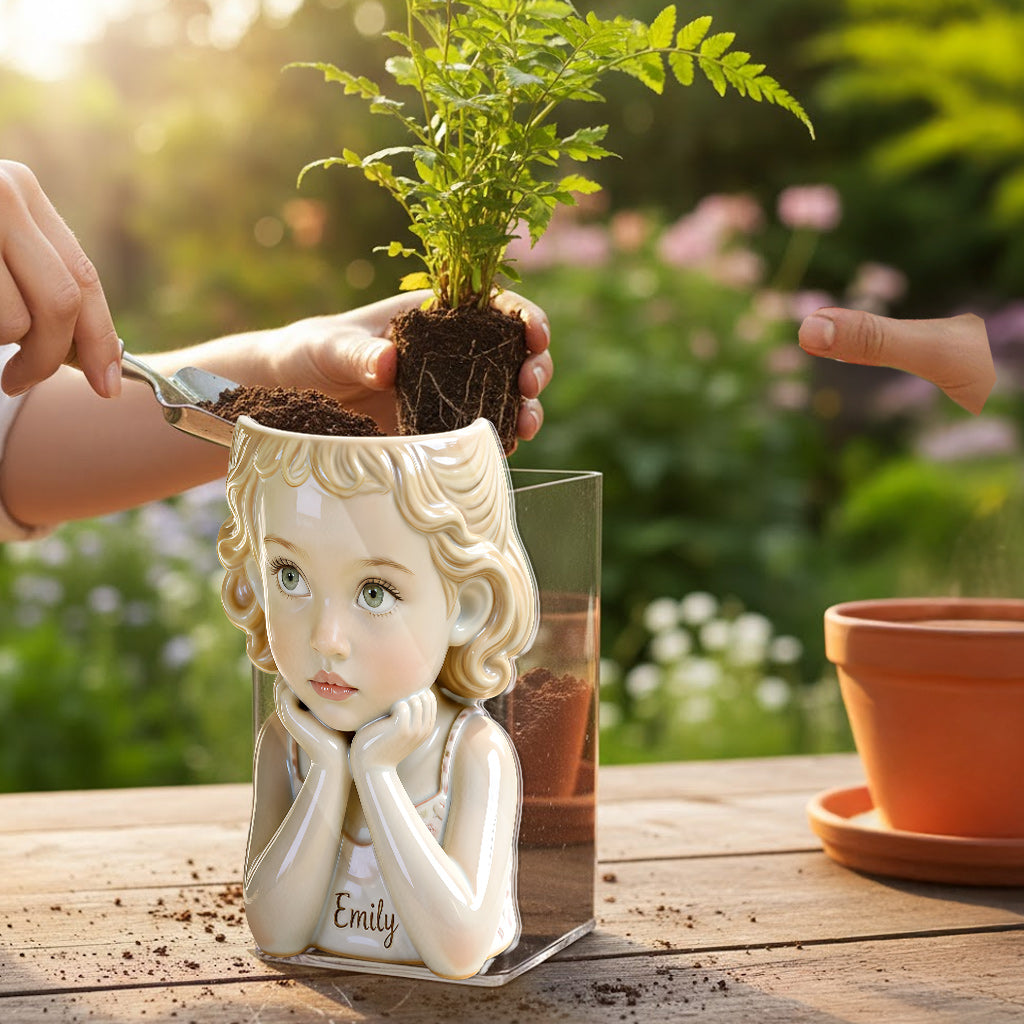 Personalized Curly Haired Little Boy 5 year old Acrylic Planter Pot Custom Child Portrait Home Decor Keepsake Gift